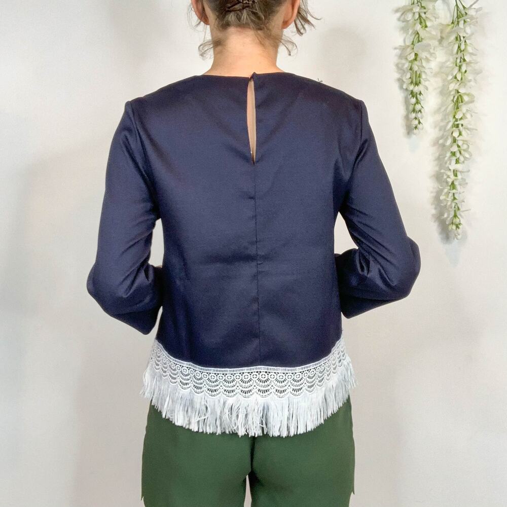 NWT ENGLISH FACTORY satin blouse fringe tassel navy long sleeve flapper 2266 - Picture 3 of 9